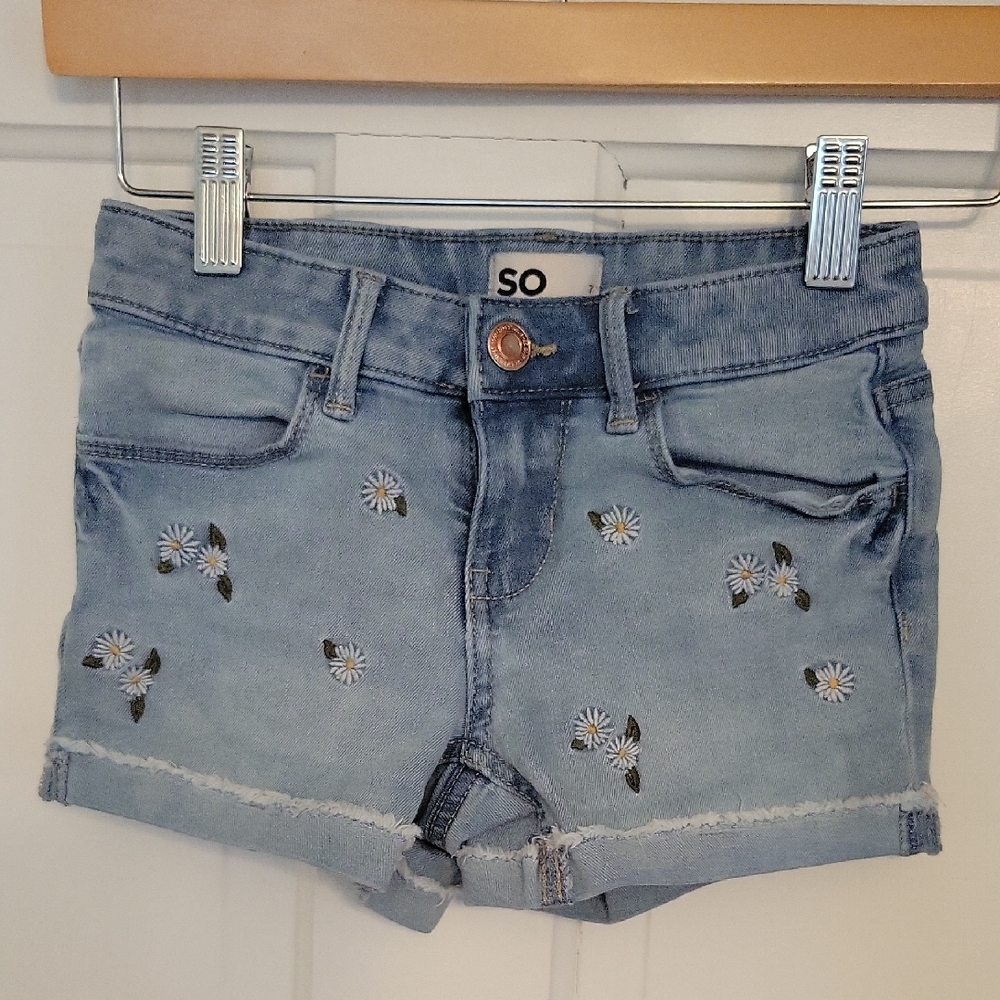 Light Blue Denim Shorts with Floral Embroidery